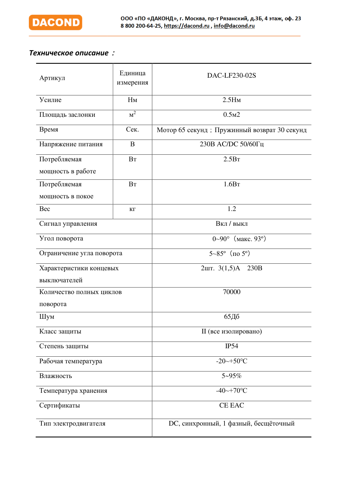 Электропривод DACOND DAC-LF230-02S (2,5 Н·м, 230 В, с возвратной пружиной)