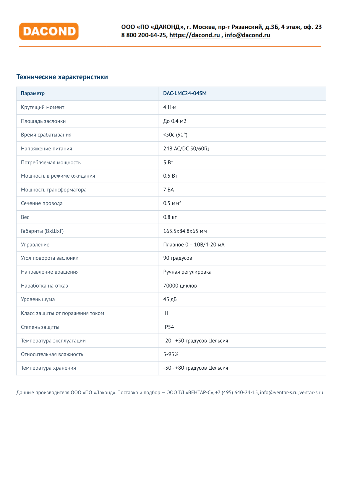 Электропривод DACOND DAC-LMC24-04SM (4 Н·м, 24 В, 0–10 В, без пружины)
