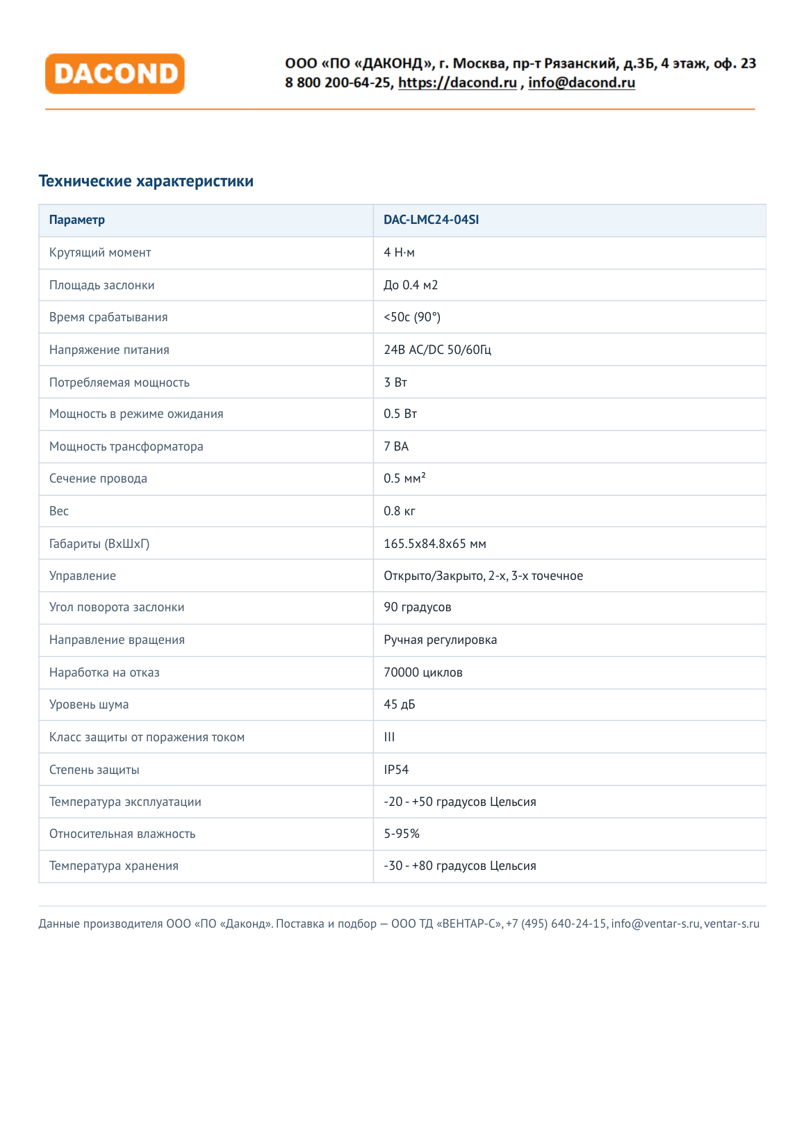 Электропривод DACOND DAC-LMC24-04SI (4 Н·м, 24 В, 0–10 В, без пружины)