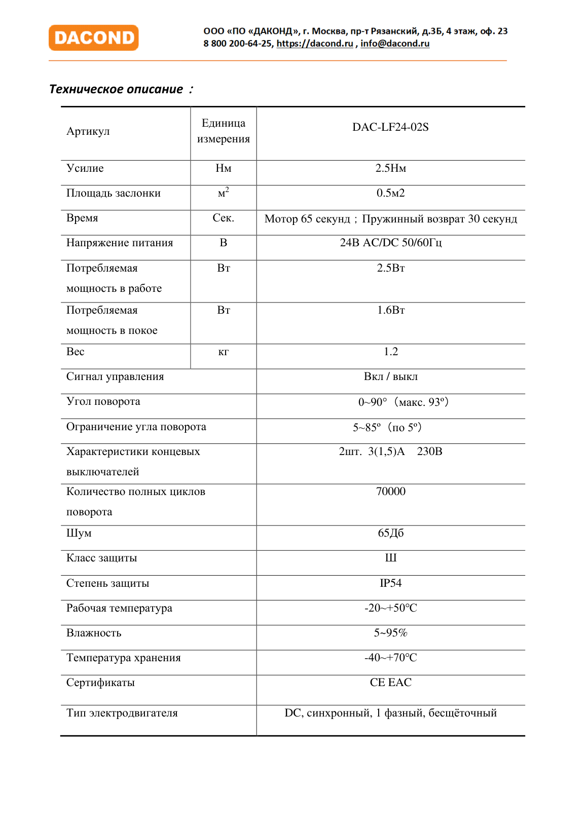 Электропривод DACOND DAC-LF24-02S (2,5 Н·м, 24 В, с возвратной пружиной)